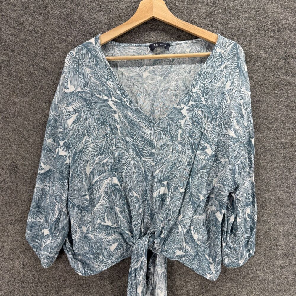 KLD Blouse Women L Large Gray Floral V-Neck Long Sleeve Tie Up Pullover Casual